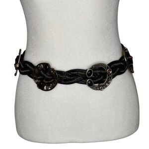 Vintage 90s Black Leather Braided Belt with Silver and Gold Medallions Buckles